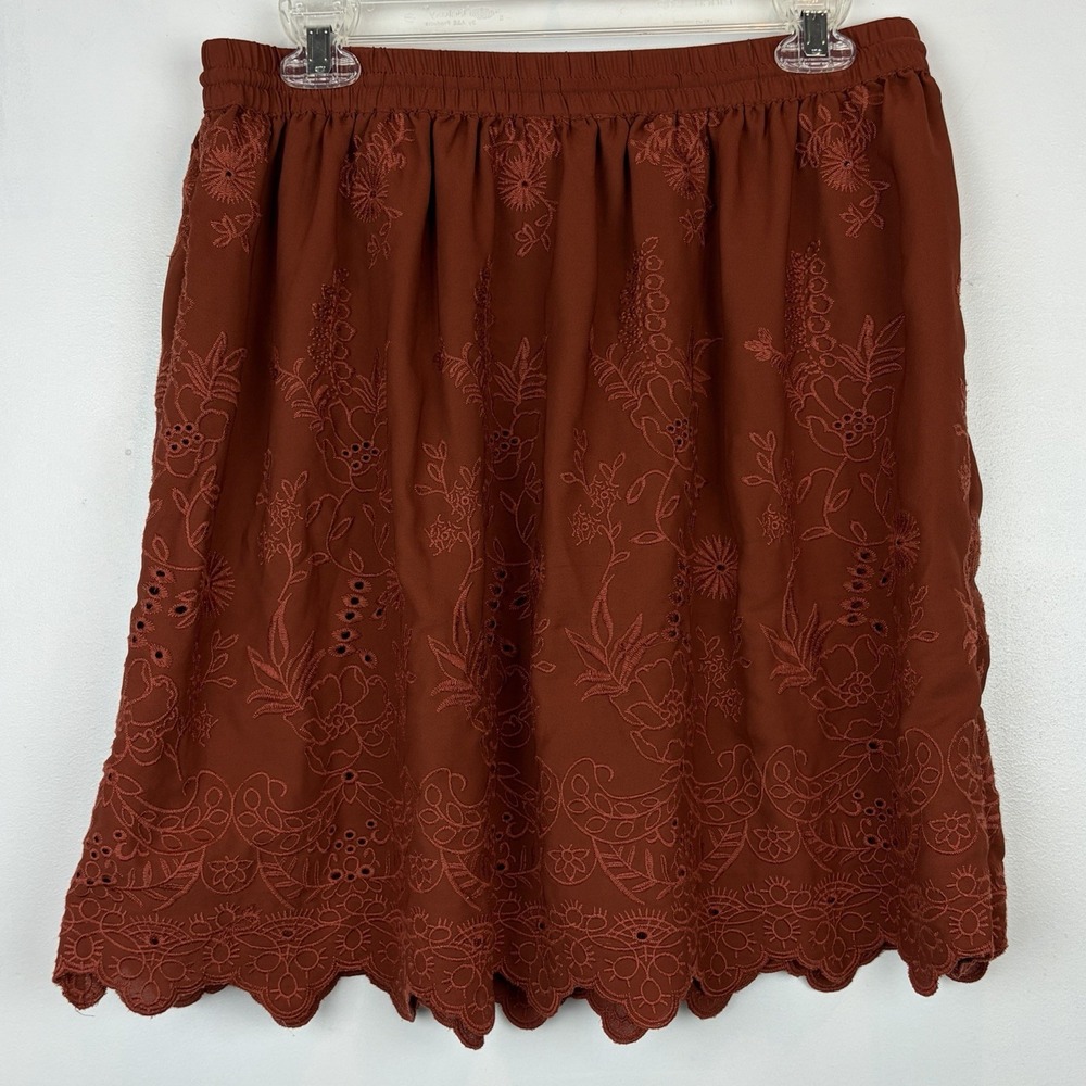 Embroidered Mini Skirt Womens Medium Copper Eyelet Elastic Waist Scalloped Hem